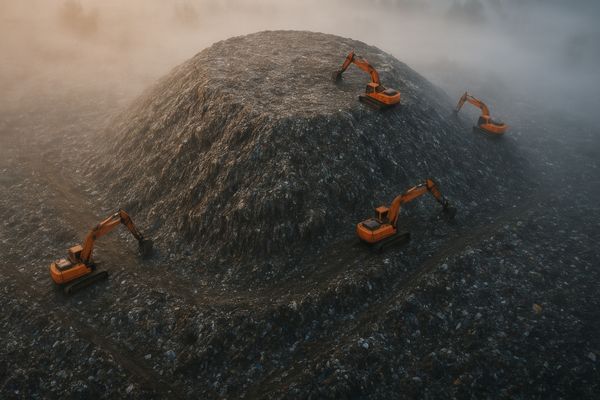 Drone ile çekilmiş dev çöp dağı ve iş makineleri.